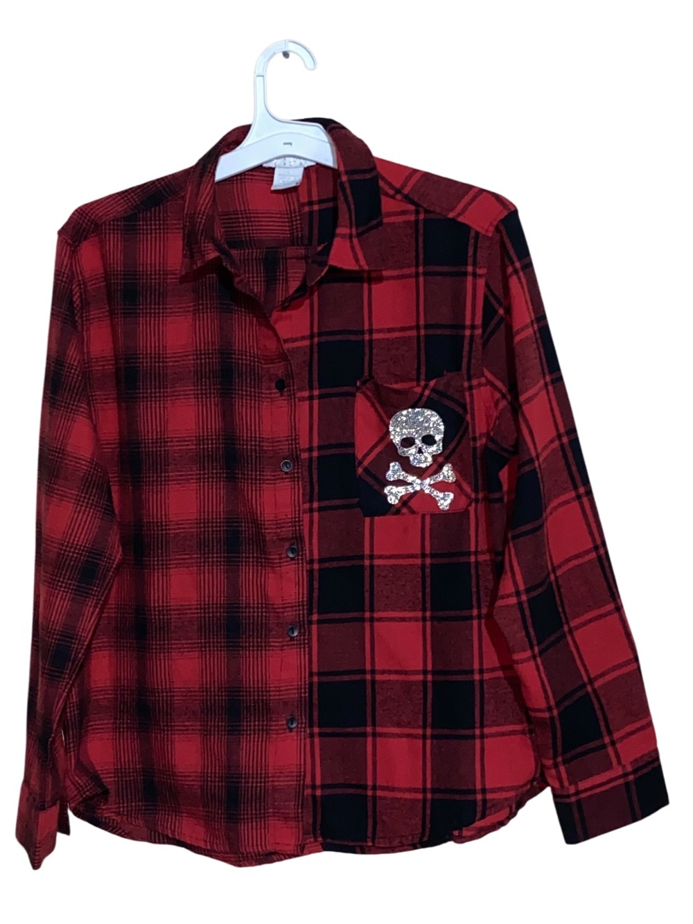 LIFE Sz L Mixed Media Plaid Button-Up Shirt with Rhinestone Skull 💀